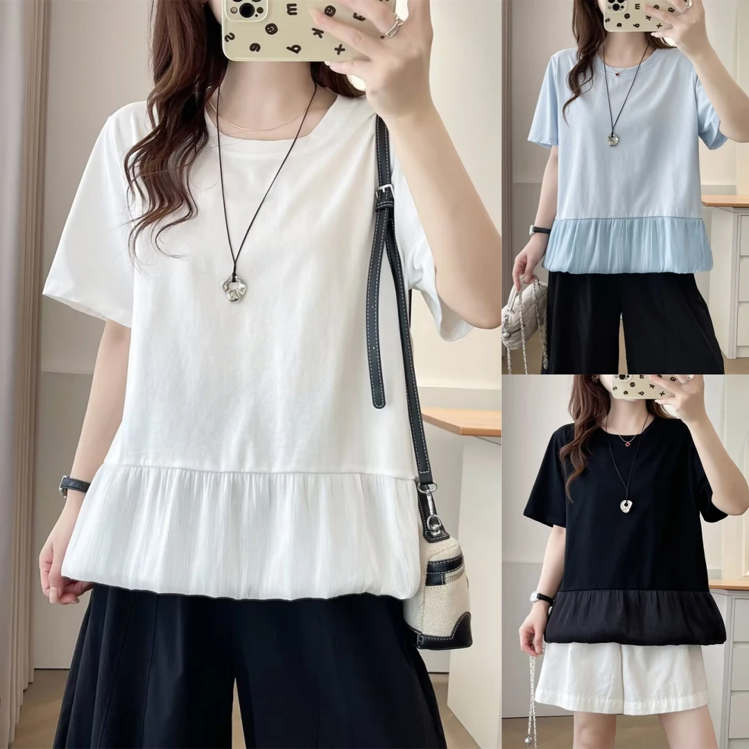 休闲气质夏季微胖mm纯色百搭大板型遮肚子大码女装短袖T恤衫上衣