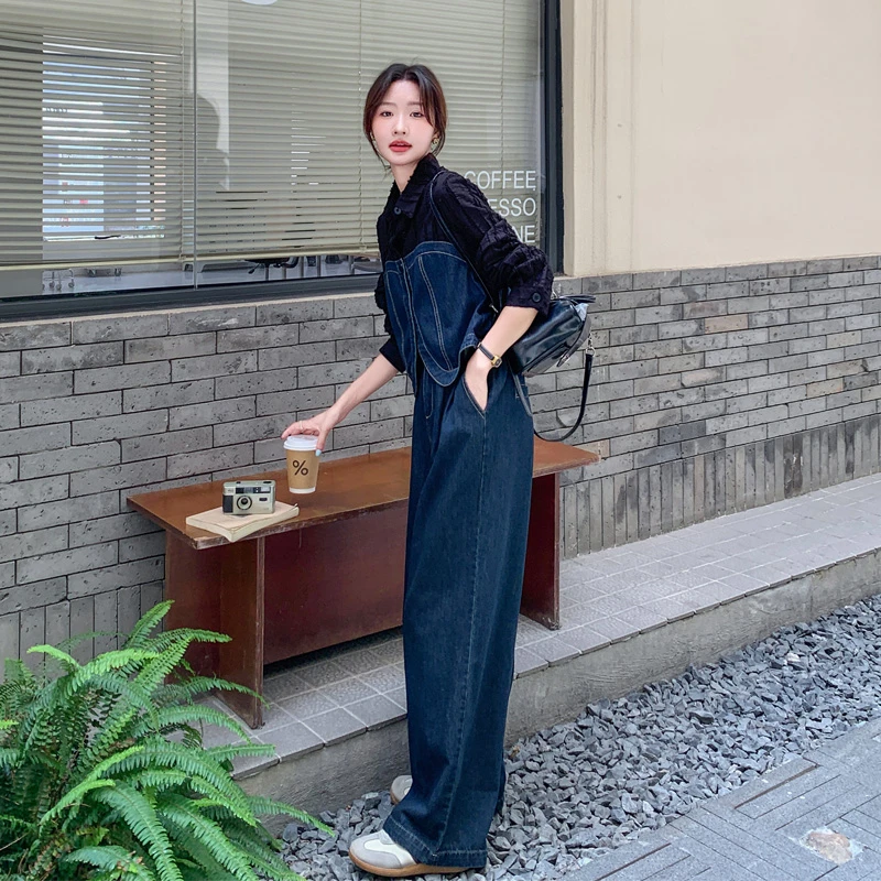复古港风牛仔套装裤女2025春秋新款甜酷炸街氛围感小众设计两件套