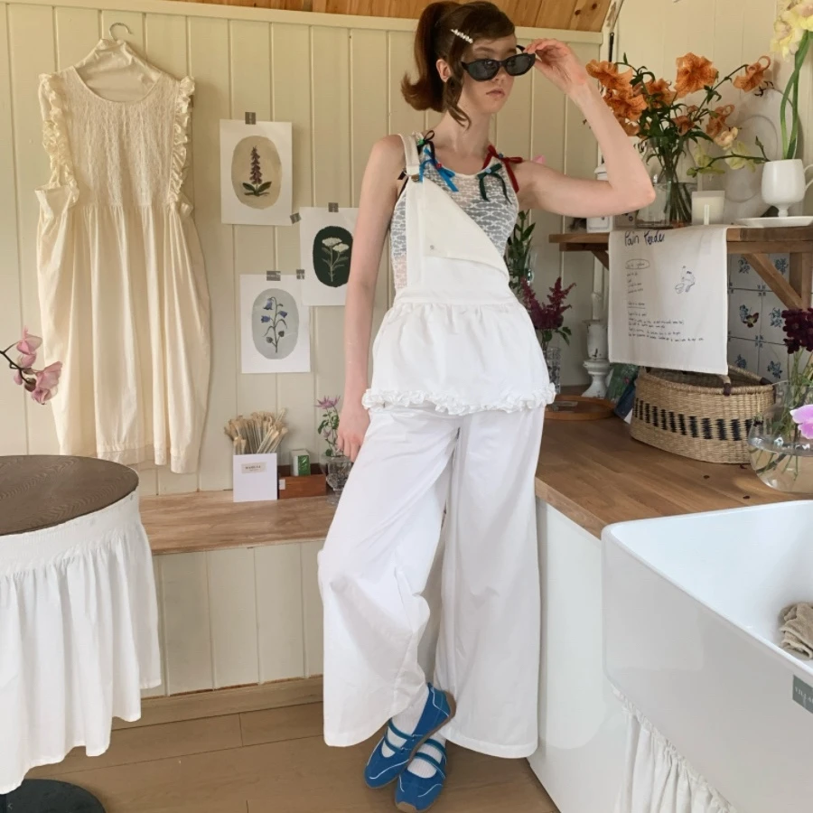 Morn isle*如夏之云系列设计感透明提花小背心+假两件背带裤套装