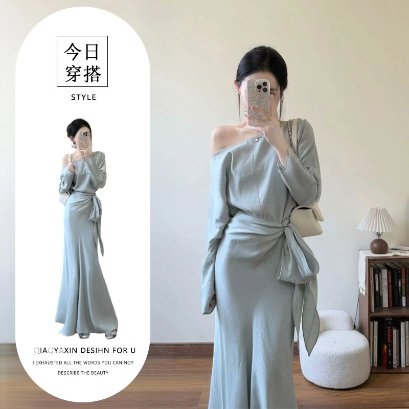 2025春季一整套穿搭高级感时尚气质斜肩上衣包臀半身裙两件套装裙