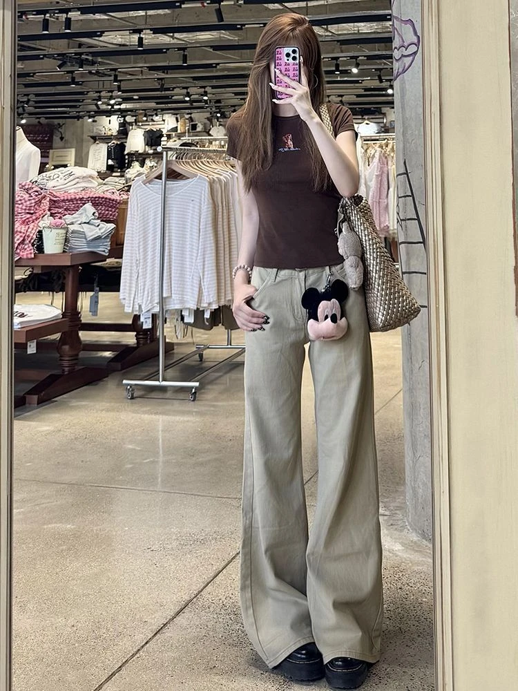 美式卡其色微喇牛仔裤女2025新款宽松直筒显瘦百搭阔腿拖地长裤