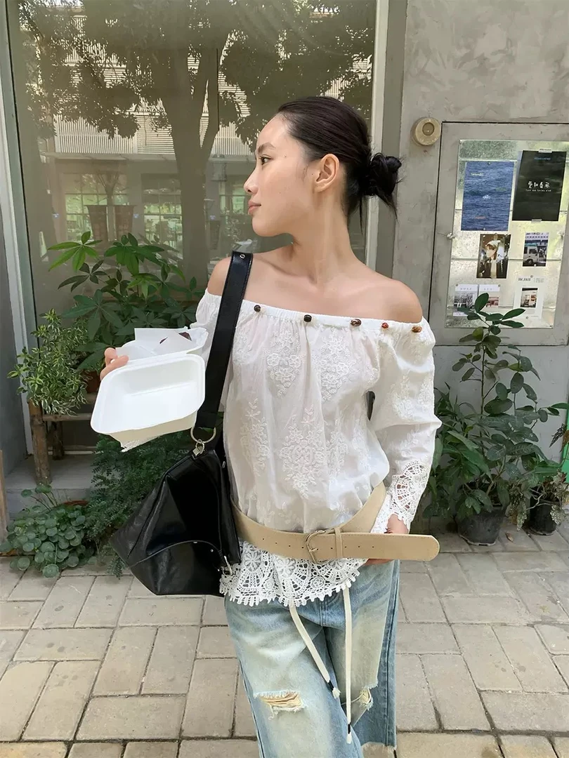 aSweet 法式一字肩时尚串珠t恤女 2025夏季蕾丝短袖上衣女