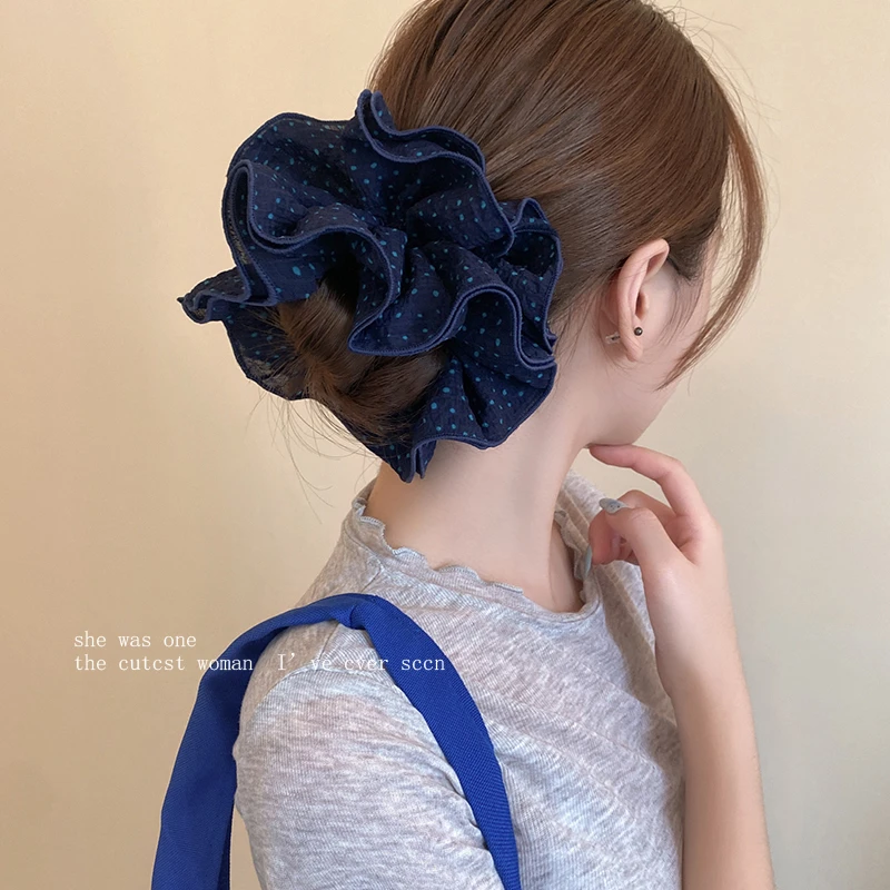 韩系藏青色波点四层大肠发圈女气质扎头发丸子头发绳侧低马尾头绳