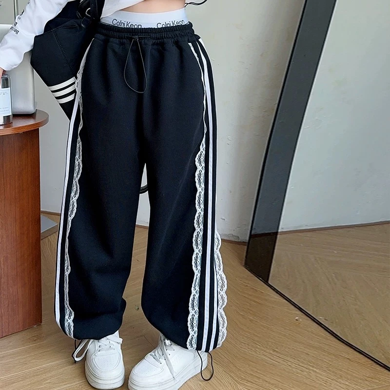 【现货】2025春韩版条纹花边拼接垂感宽松阔腿卫裤 D138 138 R Q 