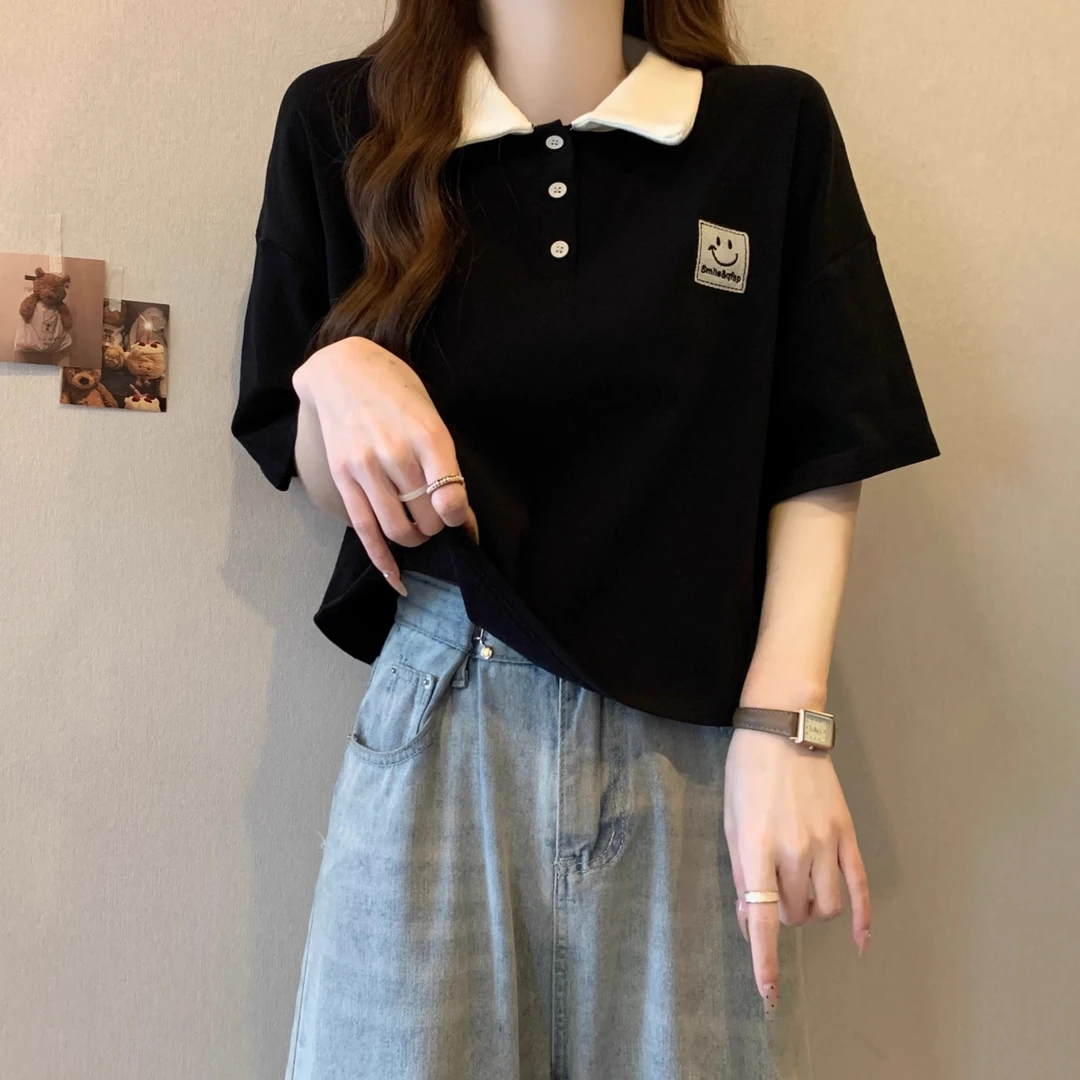 大码女装遮肚子POLO领正肩打底衫女夏季胖妹妹显瘦学院风短款上衣