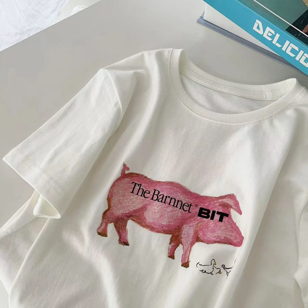 圆领短袖猪猪印花不褪色短款甜酷T恤半袖宽松夏季日系