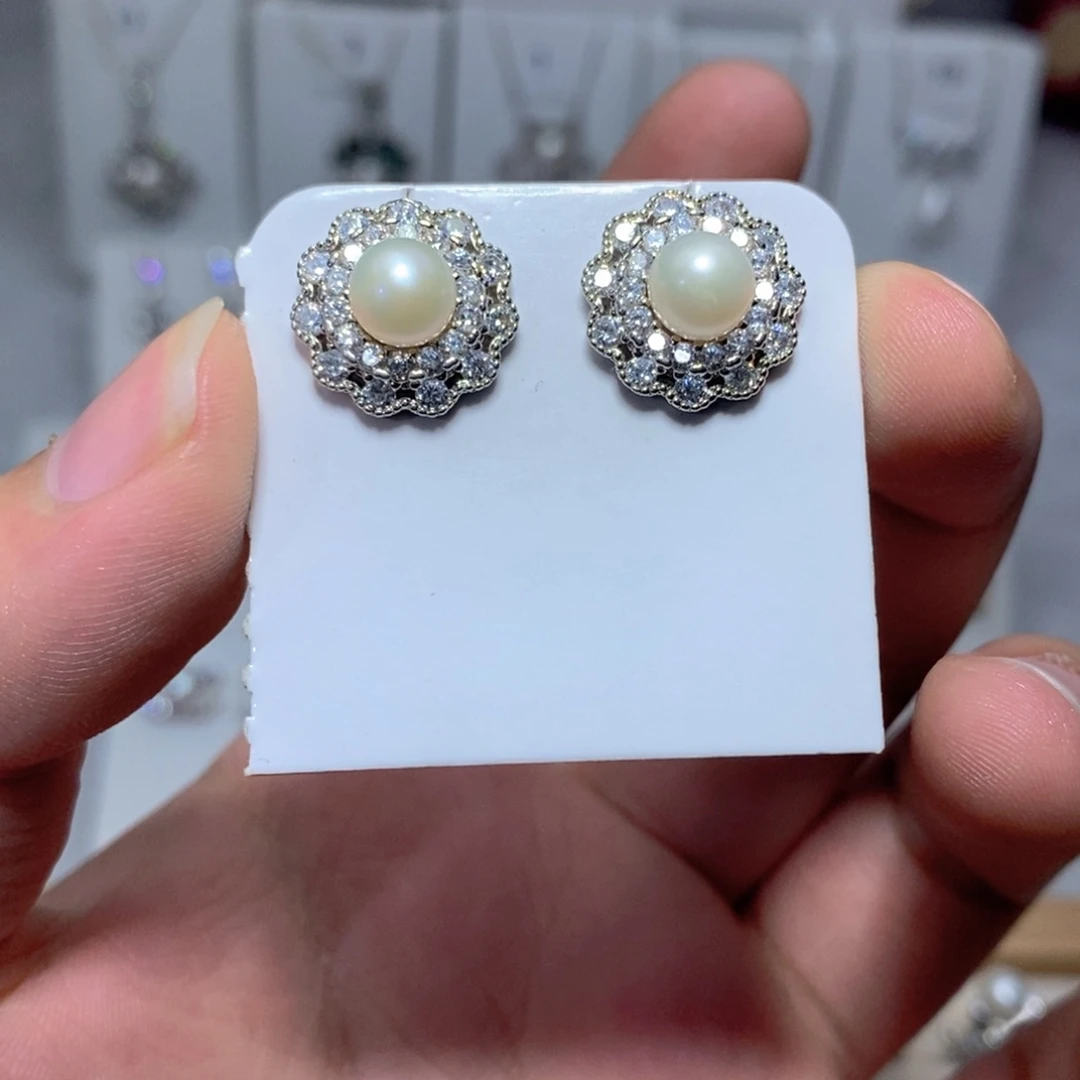 耳饰银S925镶嵌淡水珍珠