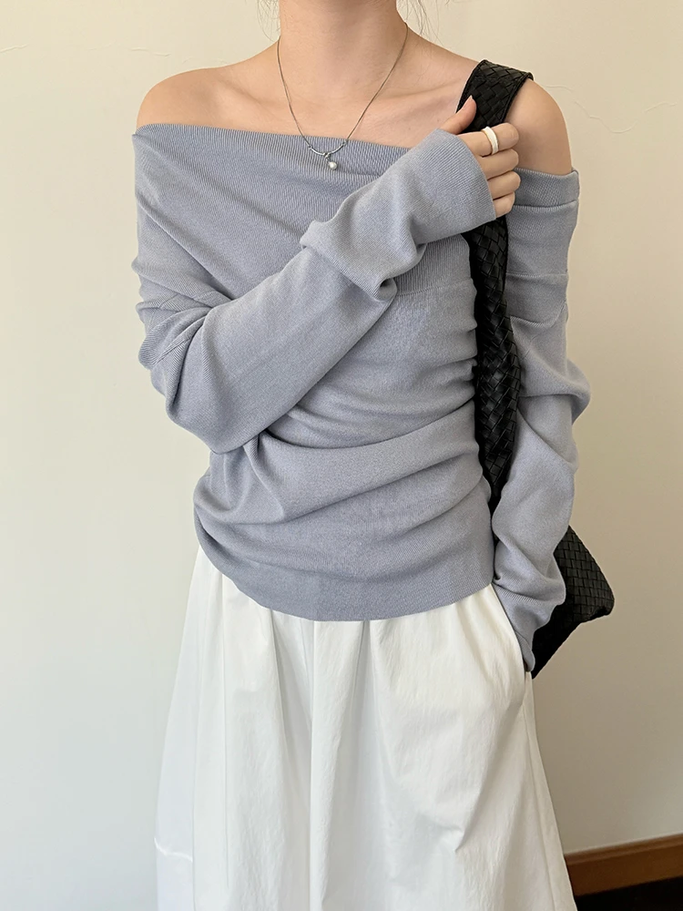 Anyway早春长袖韩系一字肩针织衫设计感小众露肩毛衣宽松显瘦上衣