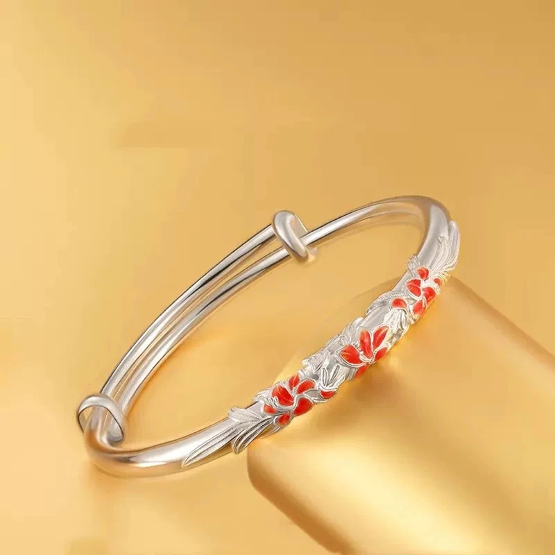 足银手镯 37号 萱草花推拉实心足银手镯