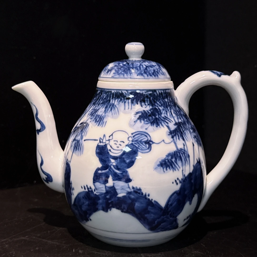 日本拍回，京烧平安白凤作，纯手壶陶瓷青花水注，人物婴戏图，480cc