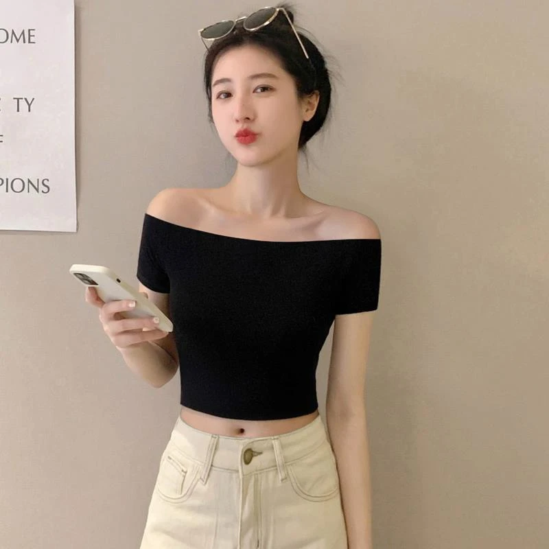 黑色短款一字领短袖t恤女夏棉质紧身高腰露脐一字肩甜美半袖上衣