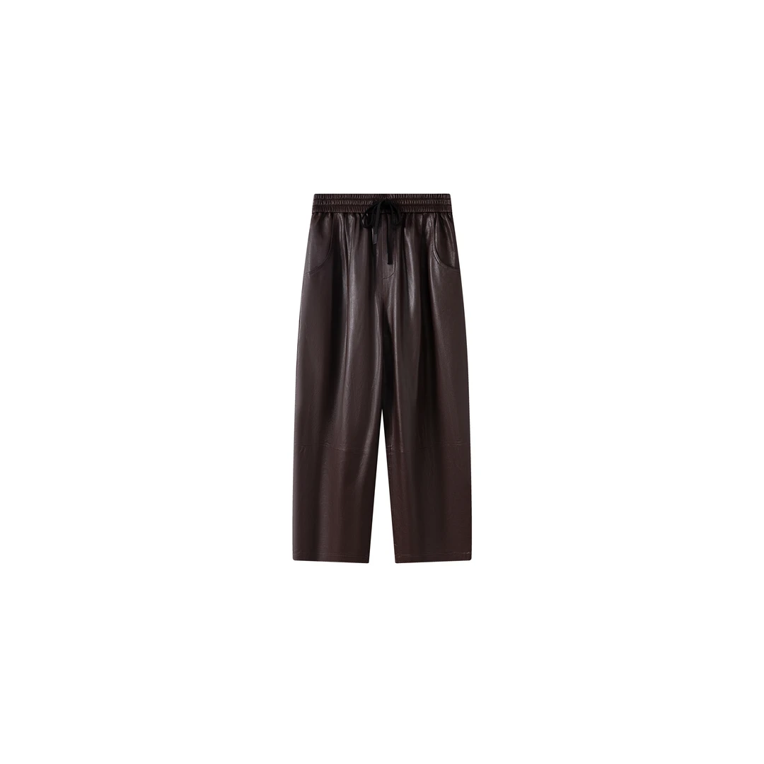 CoCoRoin女士甄选进口羊皮革真皮皮裤时尚轻奢显瘦老爹裤减龄显瘦