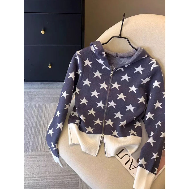 新品南油高板女装！星星提花连帽针织开衫女秋冬新款双拉链短外套