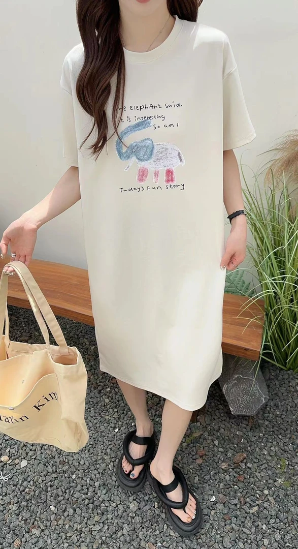 [XM服饰]圆领半袖宽松夏季长裙短袖慵懒风夏装连衣裙