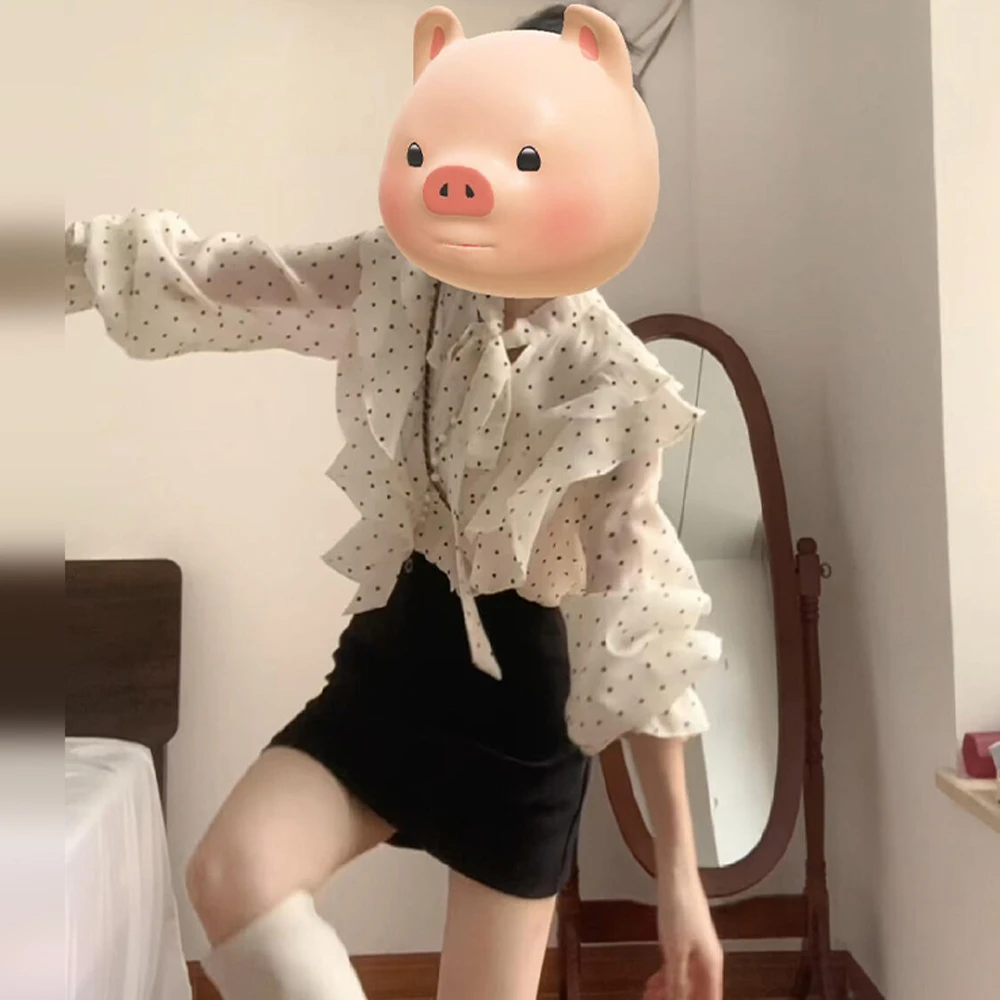 法式今年流行好看独特漂亮白色波点衬衫春系带设计感宽松显瘦上衣