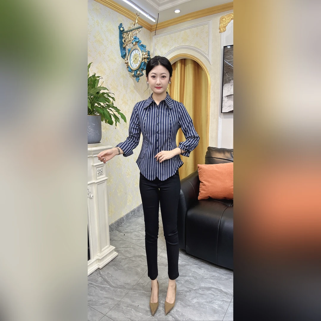 （7061蓝条）雅伊裳品家2025年秋季新款百搭显瘦时尚通勤条纹衬衫女