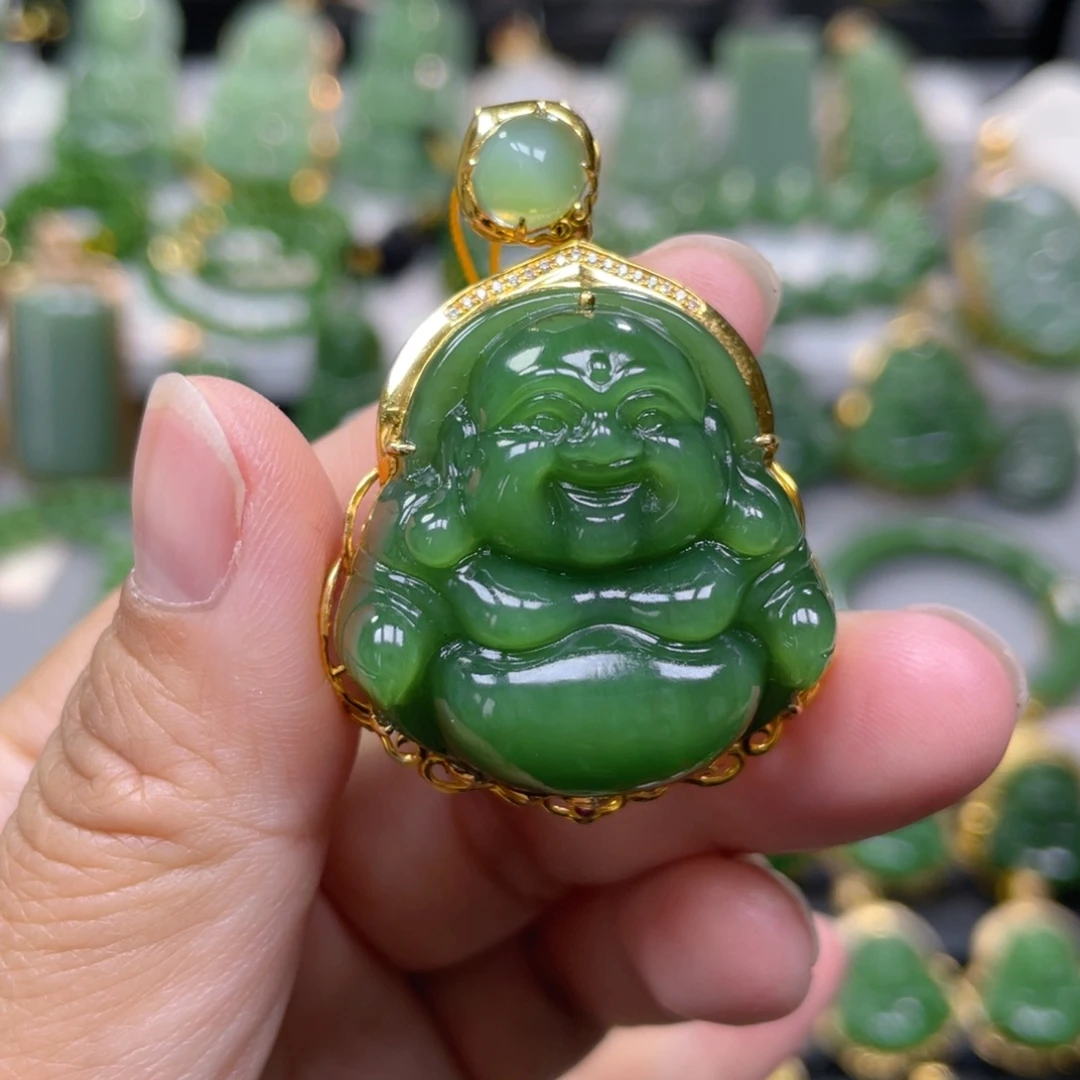 和田玉（碧玉）18K金镶嵌吊坠(不含链)