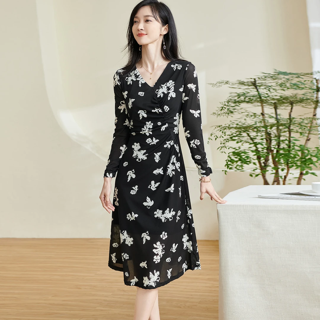 【薇薇专属】优雅气质印花小黑裙收腰褶皱连衣裙女5M24AL0329