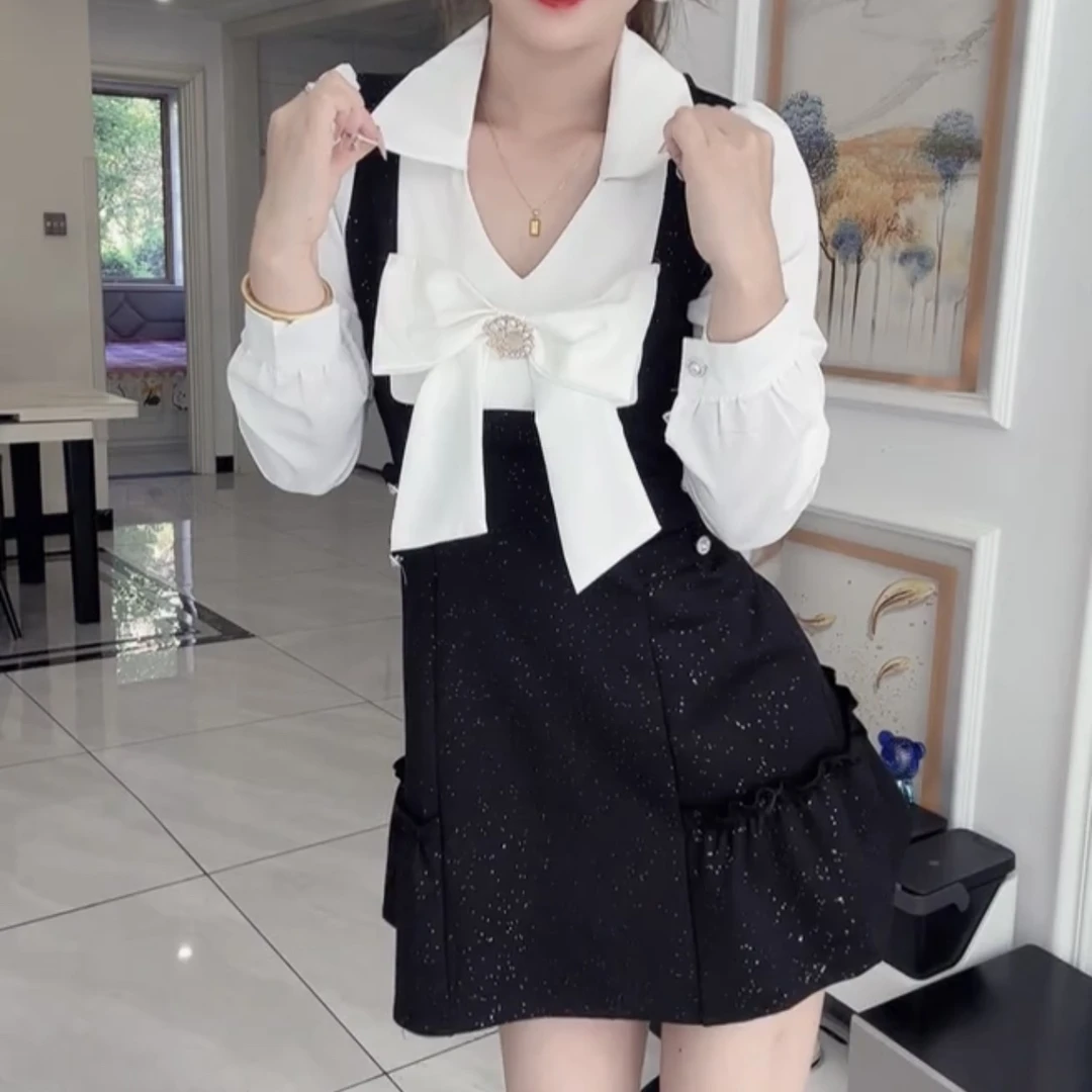 蝴蝶结装饰亮晶晶中长款假两件连衣裙女洋气减龄收腰显瘦