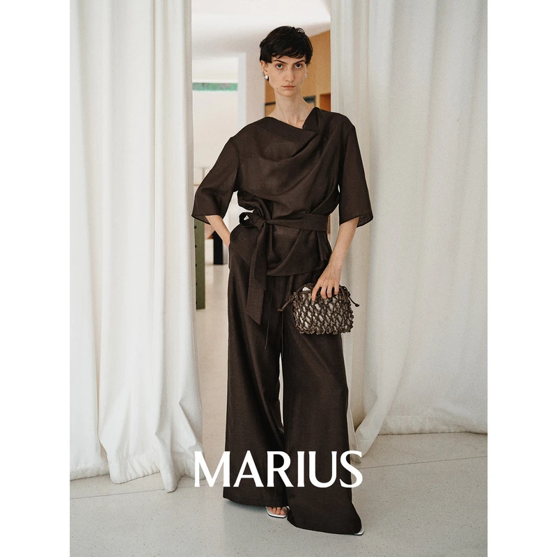 MARIUS“月笼纱”立裁荡领口宽松系带T恤抽绳松紧腰A摆阔腿裤