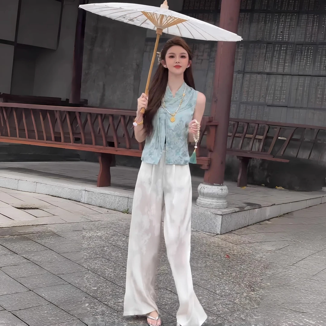 拉夏贝尔时尚新中式国风套装女2025夏季无袖上衣阔腿裤气质两件套