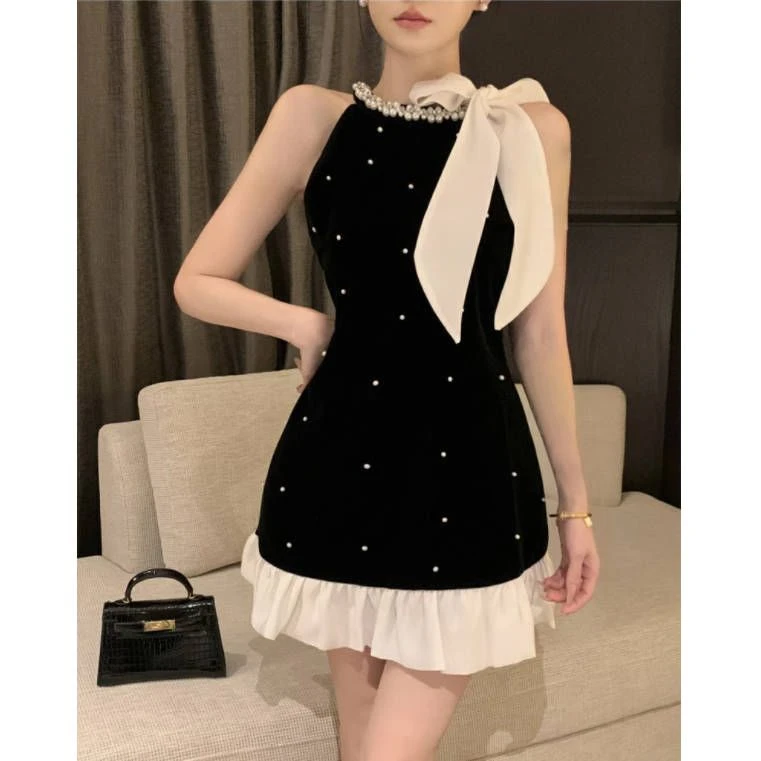 白纱裙小香风千金名媛性感黑色挂脖夏季子女秋装感镶钻生日小礼服