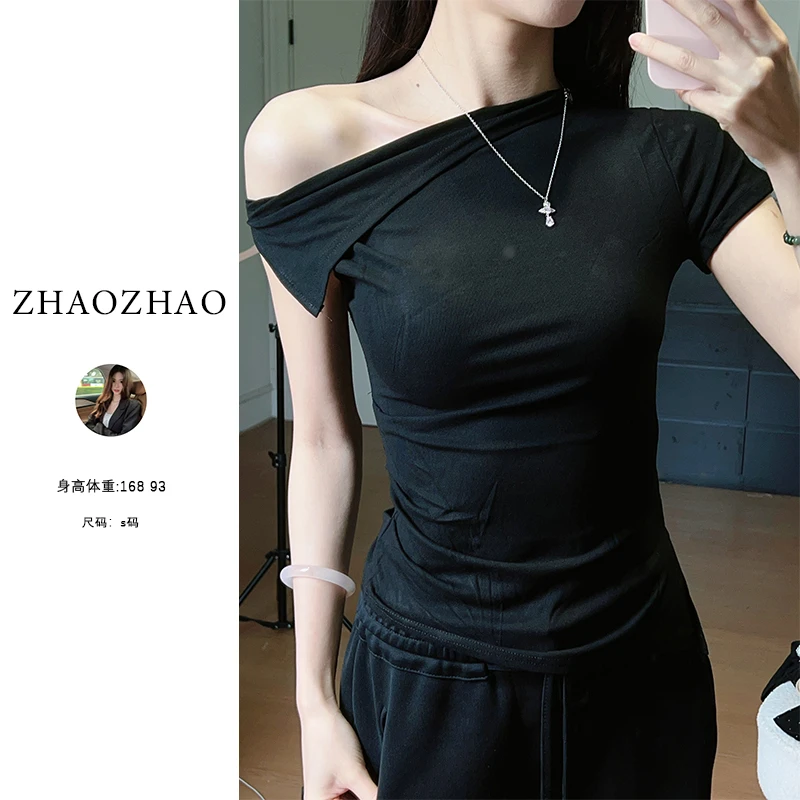 【ZHAOZHAO】复古气质不规则性感斜肩T恤女夏季别致设计感别致上衣