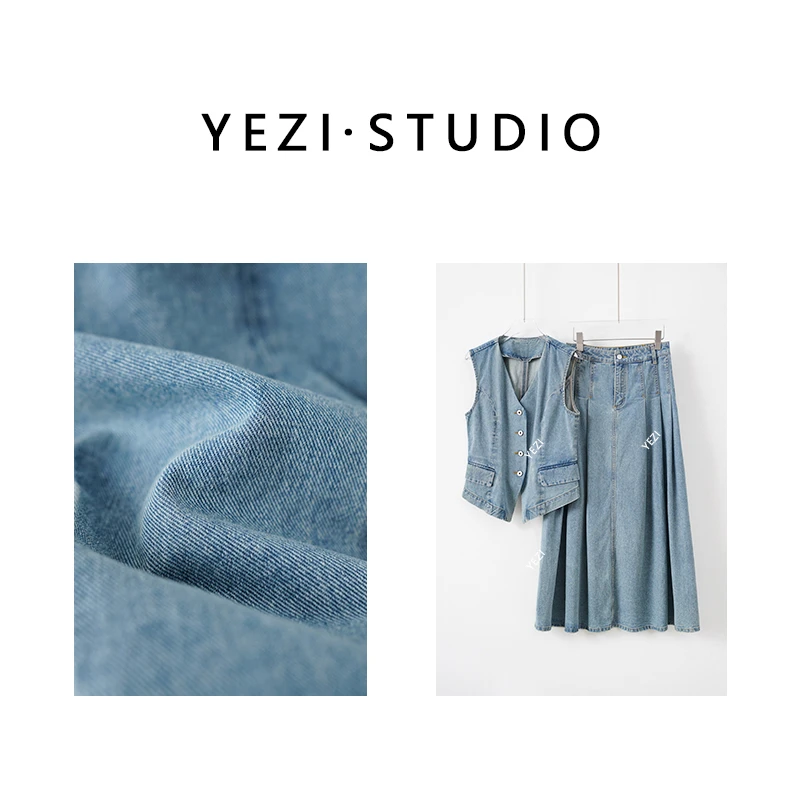 套装【C0C0少女】棉质V领收腰牛仔马甲立体剪裁A字半裙套装25239007