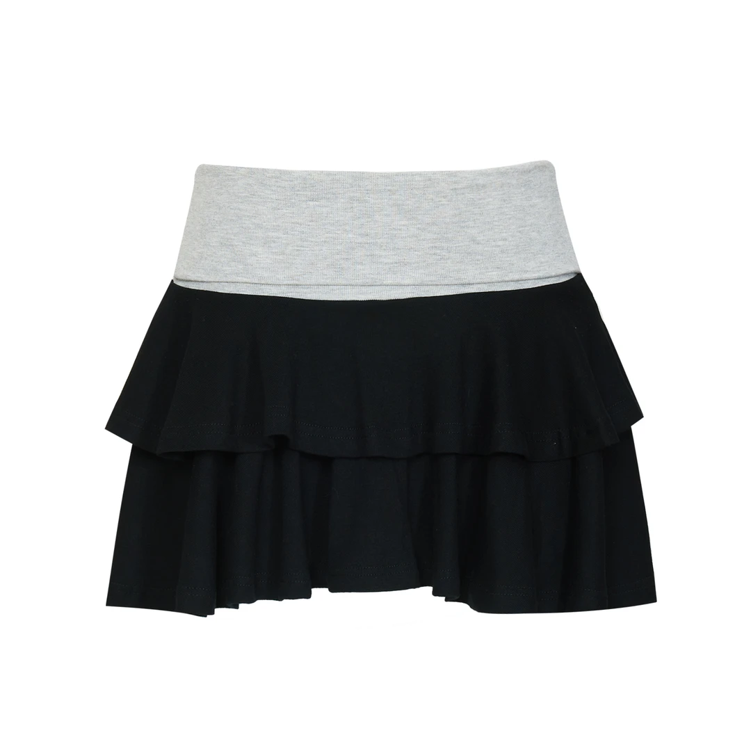 2025秋天上新春季新款美式复古高腰撞色黑色甜美辣妹字半身百褶超