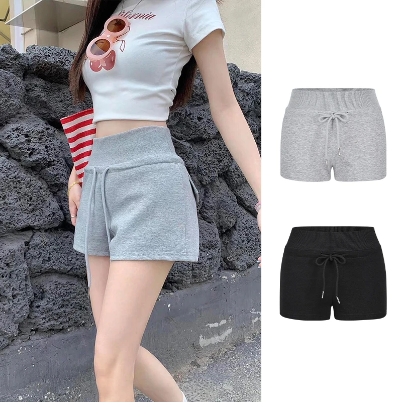 Moses Queen/魔西女王美式辣妹高腰抽绳运动短裤女灰色休闲裤热裤