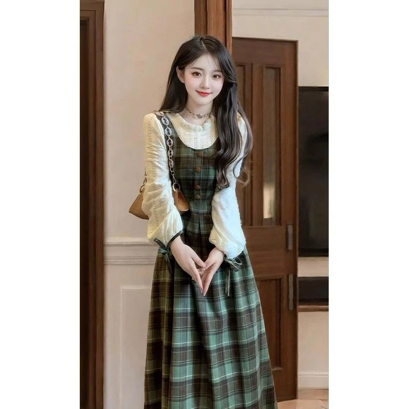 学院风假两件绿色格子连衣裙子秋冬季女装2025新款小个子穿搭长裙
