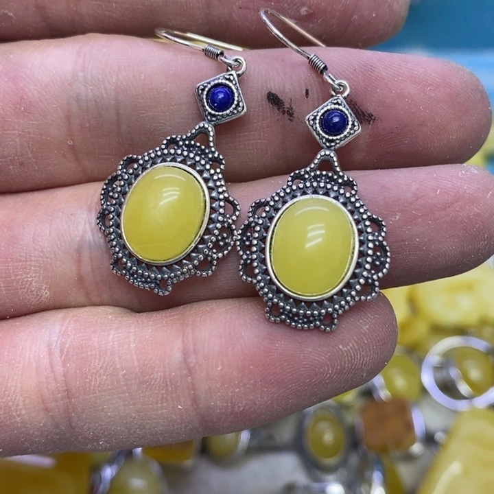 蜜蜡裸石银S925镶嵌耳坠