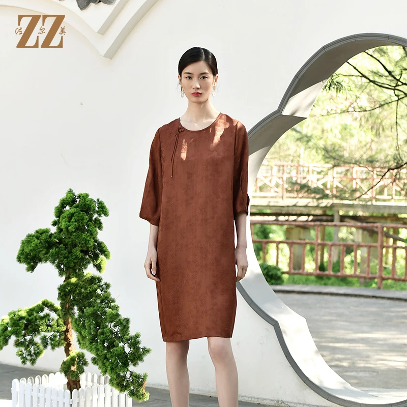 佐尔美夏季新款 国风重磅桑蚕丝印花中袖休闲连衣裙女E32LS24