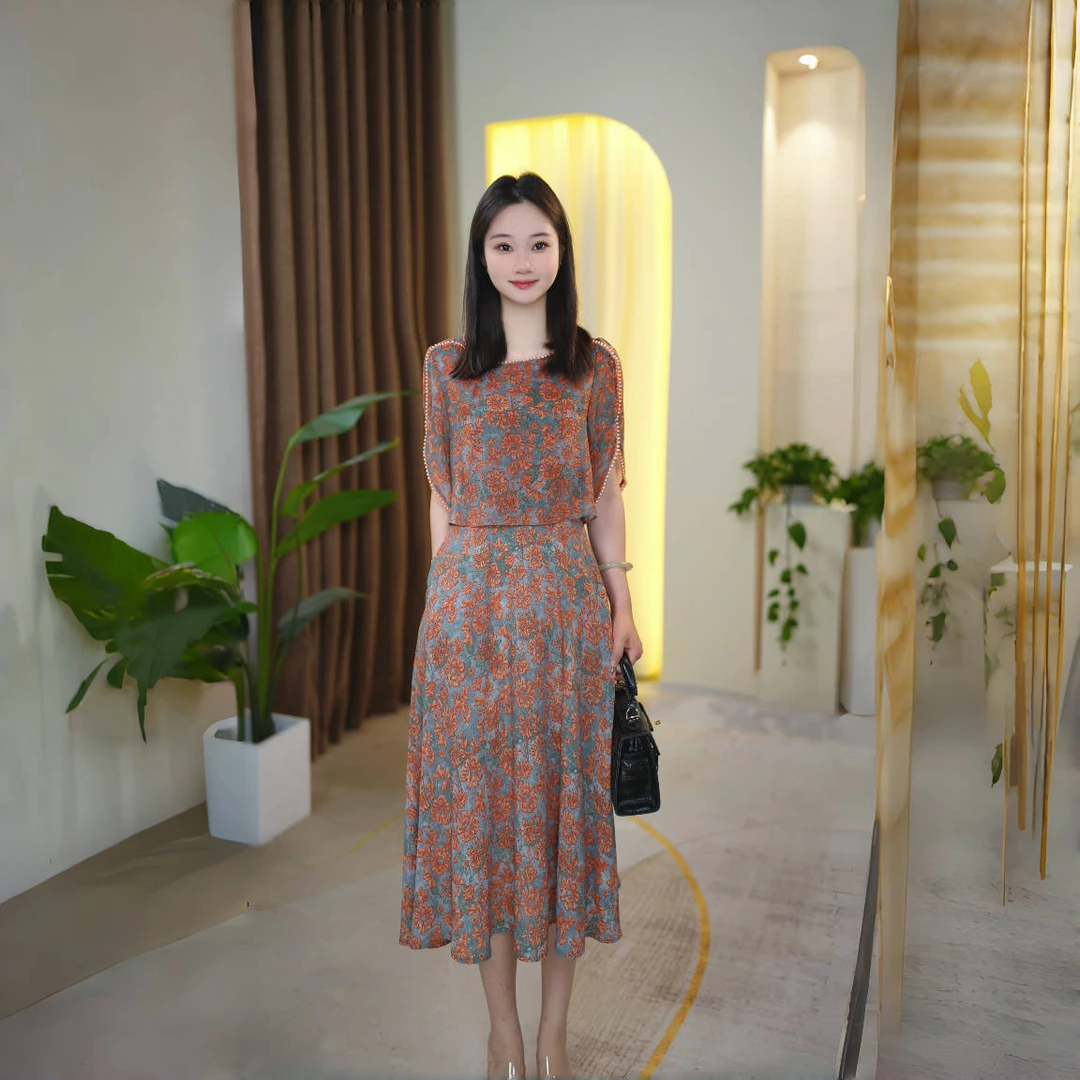 显瘦气质优雅2025夏季新款时尚假两件连衣裙女显白收腰裙子女