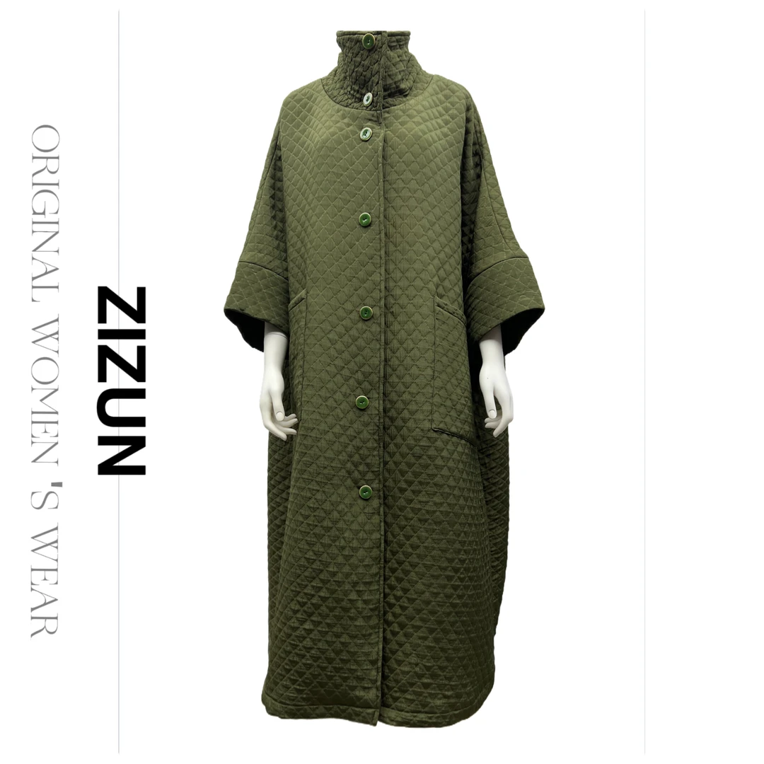 ZIZUN/姿尊秋冬季深绿色宽松华夫格纹女士大衣外套