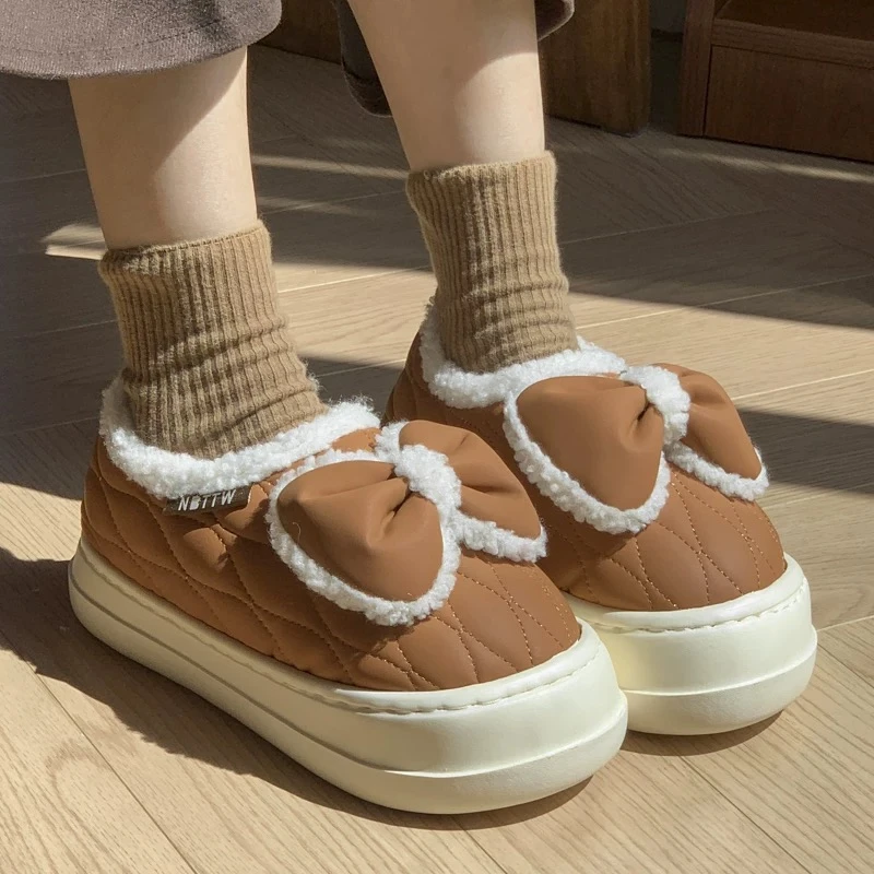 冬季加绒保暖蝴蝶结厚底居家外穿防滑棉拖鞋