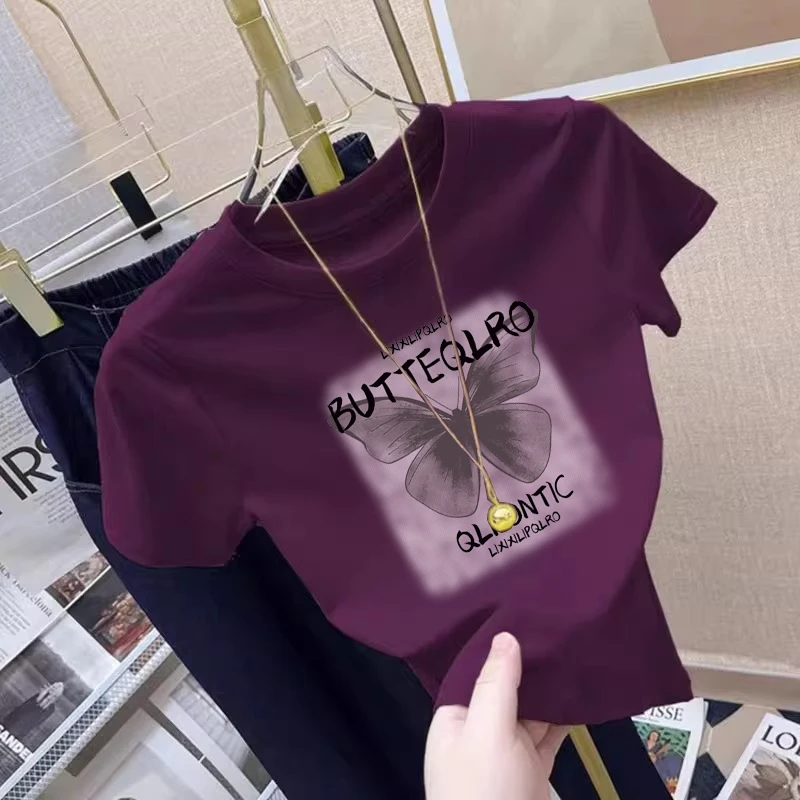 蝴蝶印花正肩短袖t恤衫女夏季2025年新款设计感小众收腰修身上衣