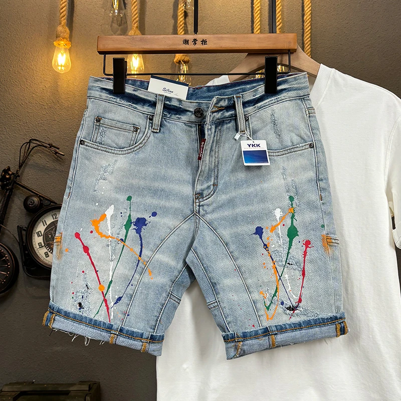 潮掌柜印花中裤复古薄款时尚破洞泼墨牛仔短裤短裤男士五分裤潮流
