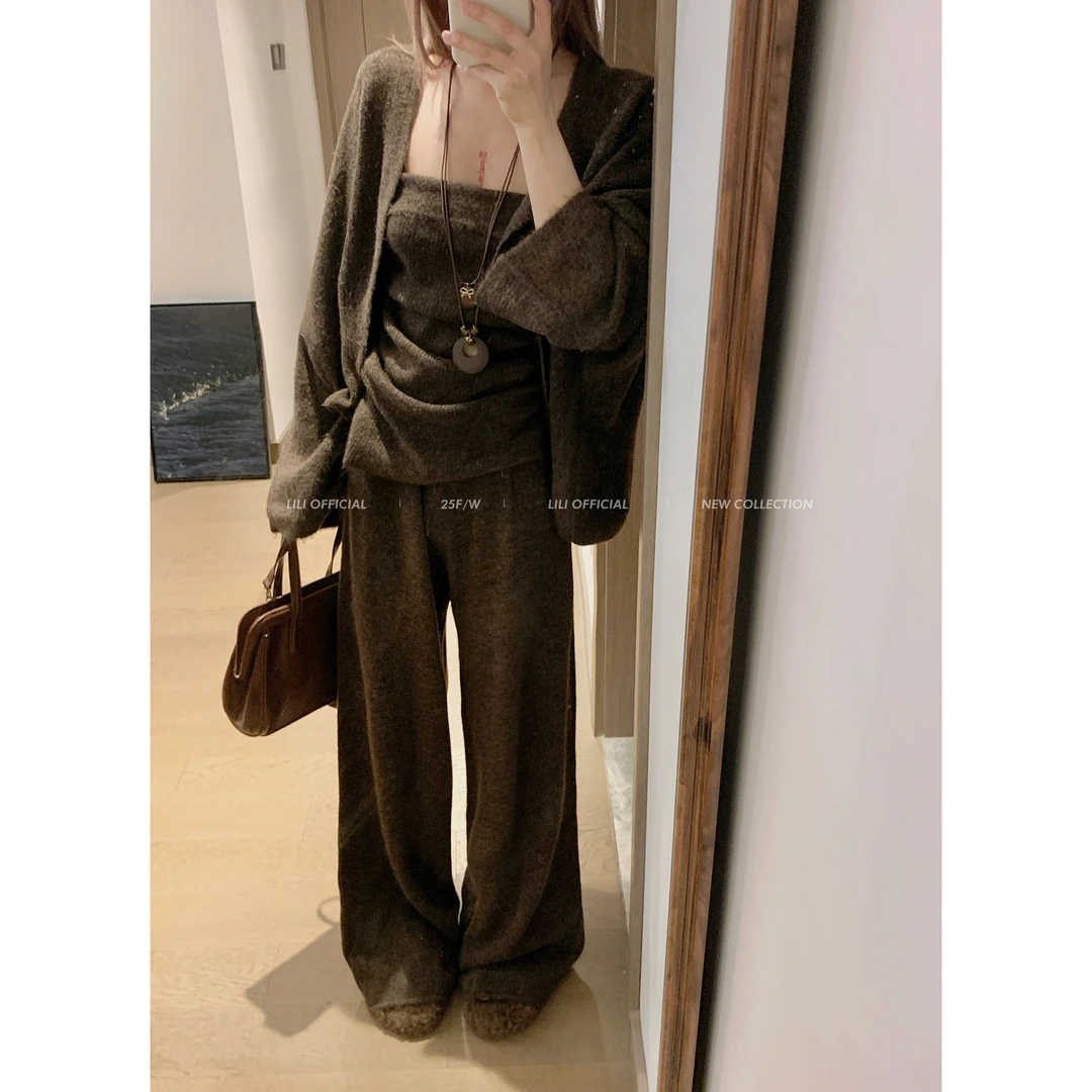 LILI哩哩小姐 名媛旧事 韩系抹胸&开衫&阔腿裤三件套