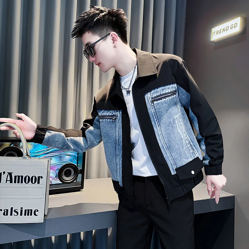 牛仔拼接外套男款春秋2025新款潮牌网红洋气炸街男装衣服翻领外套