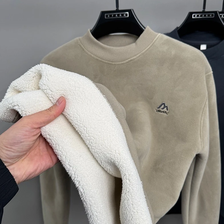 加厚一体绒男士卫衣圆领保暖冬季加绒加厚双面奥粒绒打底衫上衣潮