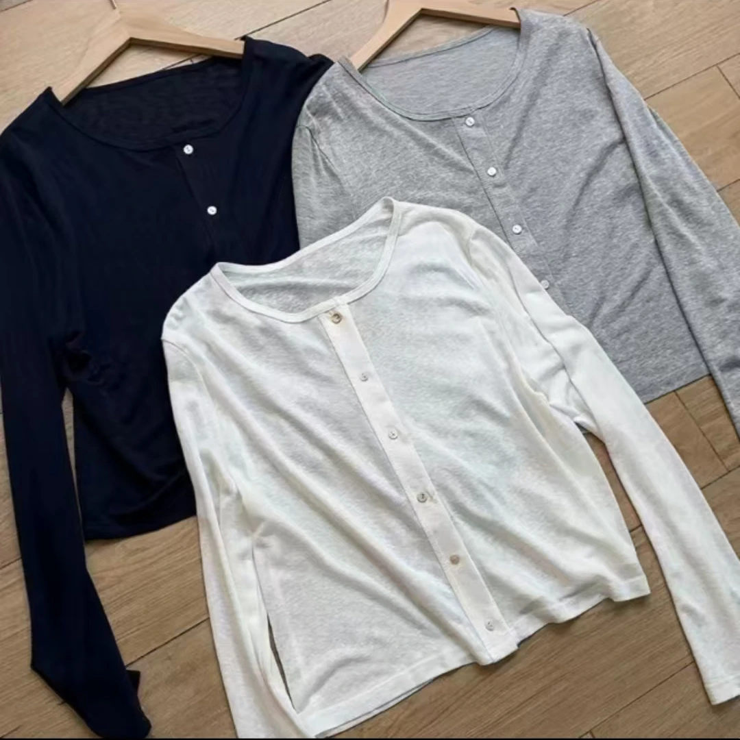 韩系女夏季纯色排扣长袖宽松型衬衫开衫薄款时尚休闲