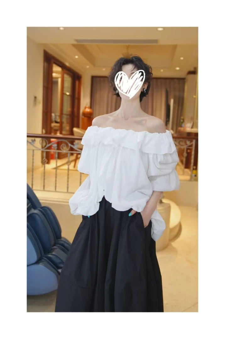 26112380【月下清荷】白色法式一字肩浪漫优雅灯笼袖高级感上衣