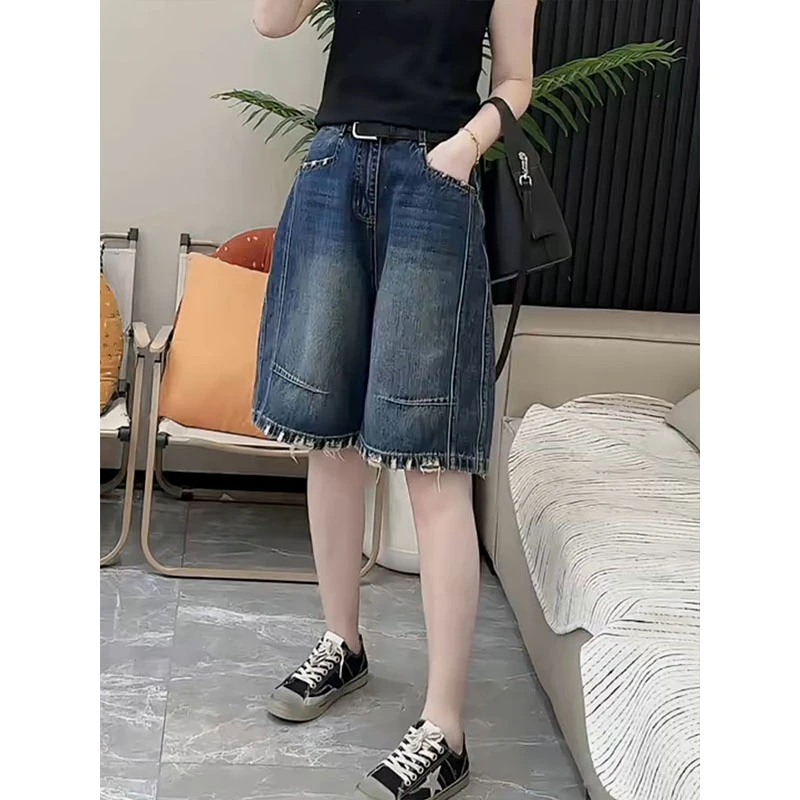 2025夏季新款大码高腰宽松直筒六分裤女时尚薄款复古阔腿牛仔短裤