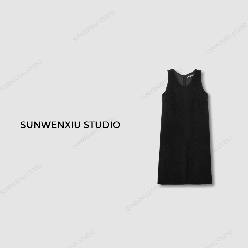 swx studio2店 赫本裙 黑色显瘦气质极简大牌无袖毛呢背心连衣裙