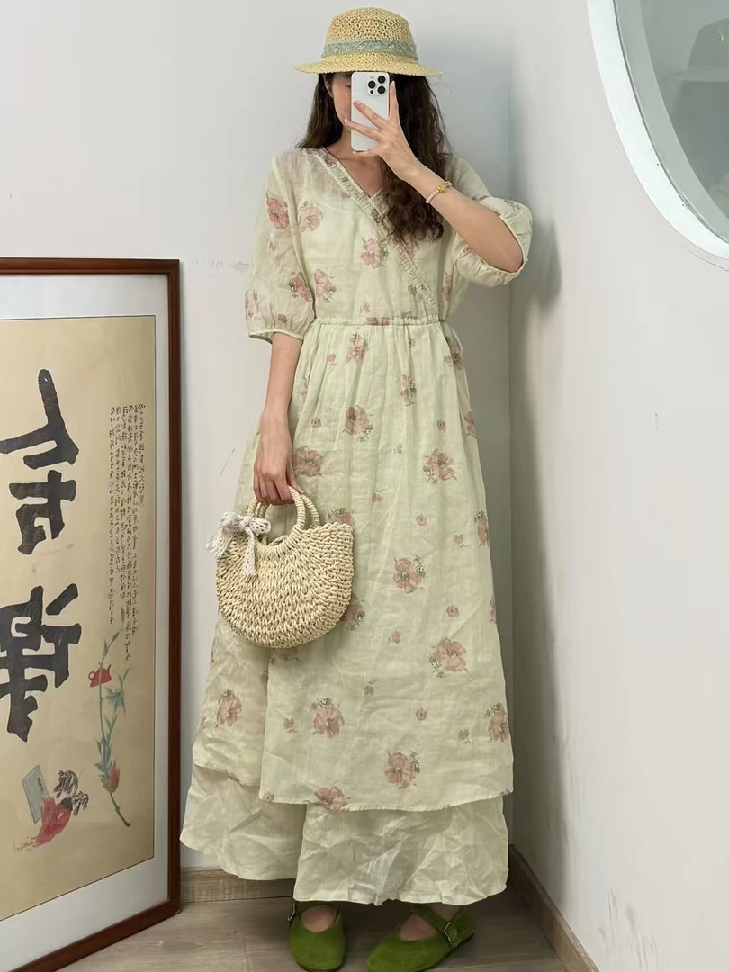 新款纯苎麻V领压褶皱碎花连衣裙甜美文艺减龄宽松显瘦莼苎麻2025