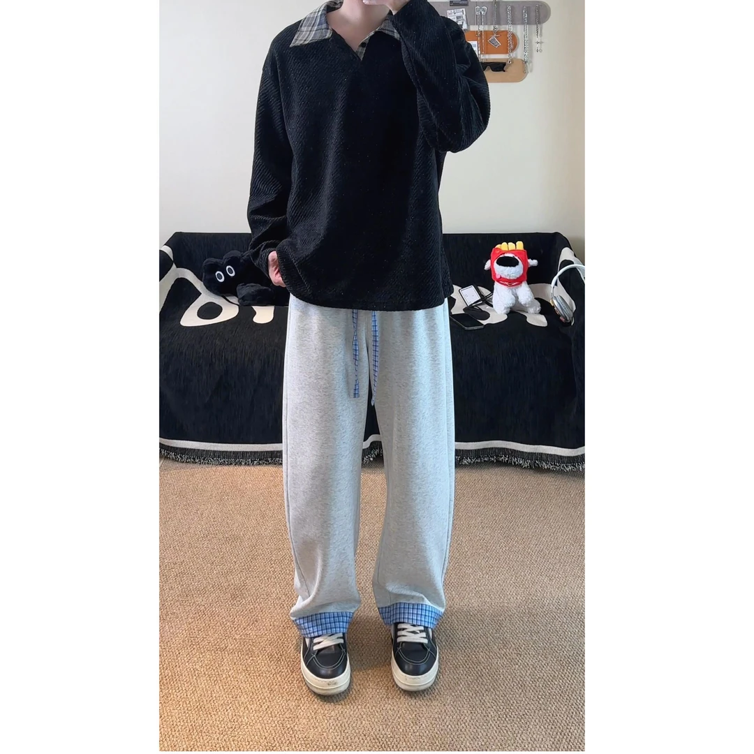 格子拼接休闲裤男美式复古直筒裤子男青少年潮牌宽松阔腿运动长裤