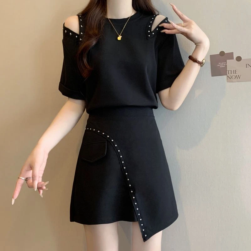 2025夏装新款大码女装微胖mm赫本风休闲时尚设计感短裙两件套