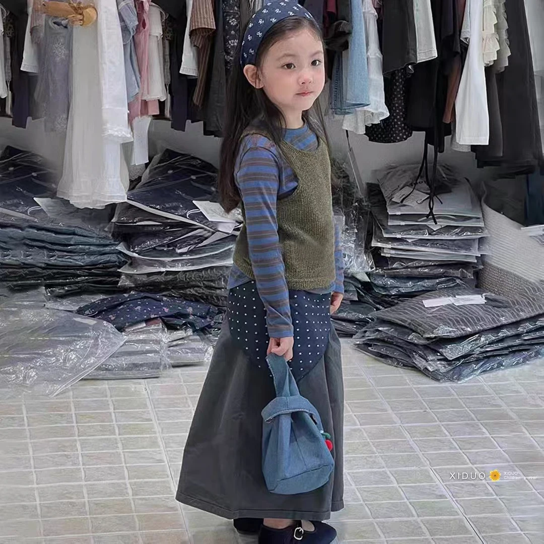 童装女童套装春秋季2025新款时髦儿童条纹打底衫百搭背心阔腿裤潮