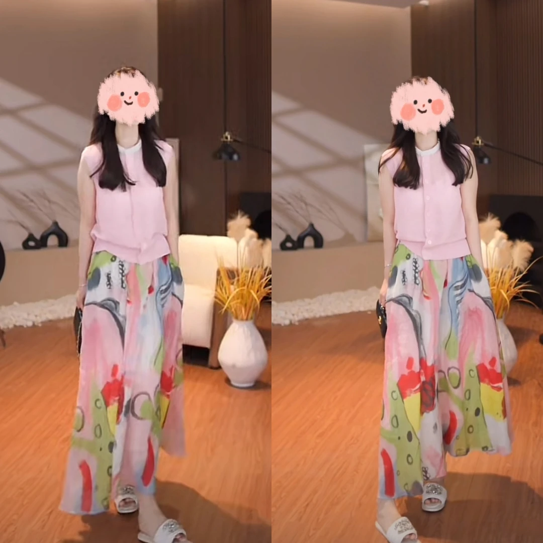 春夏新款高级感针织开衫无袖上衣撞色洋气大摆半身裙两件套